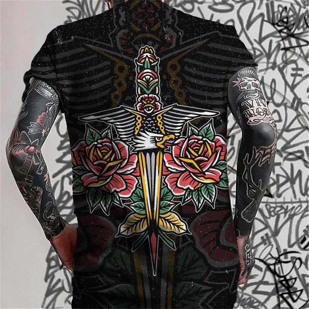 Men's Retro Tattoo Style T-shirt Trend 3D Printing Street Short Sleeved Hip-hop Punk Style Men's T-shirt Oversized Mens Clothing