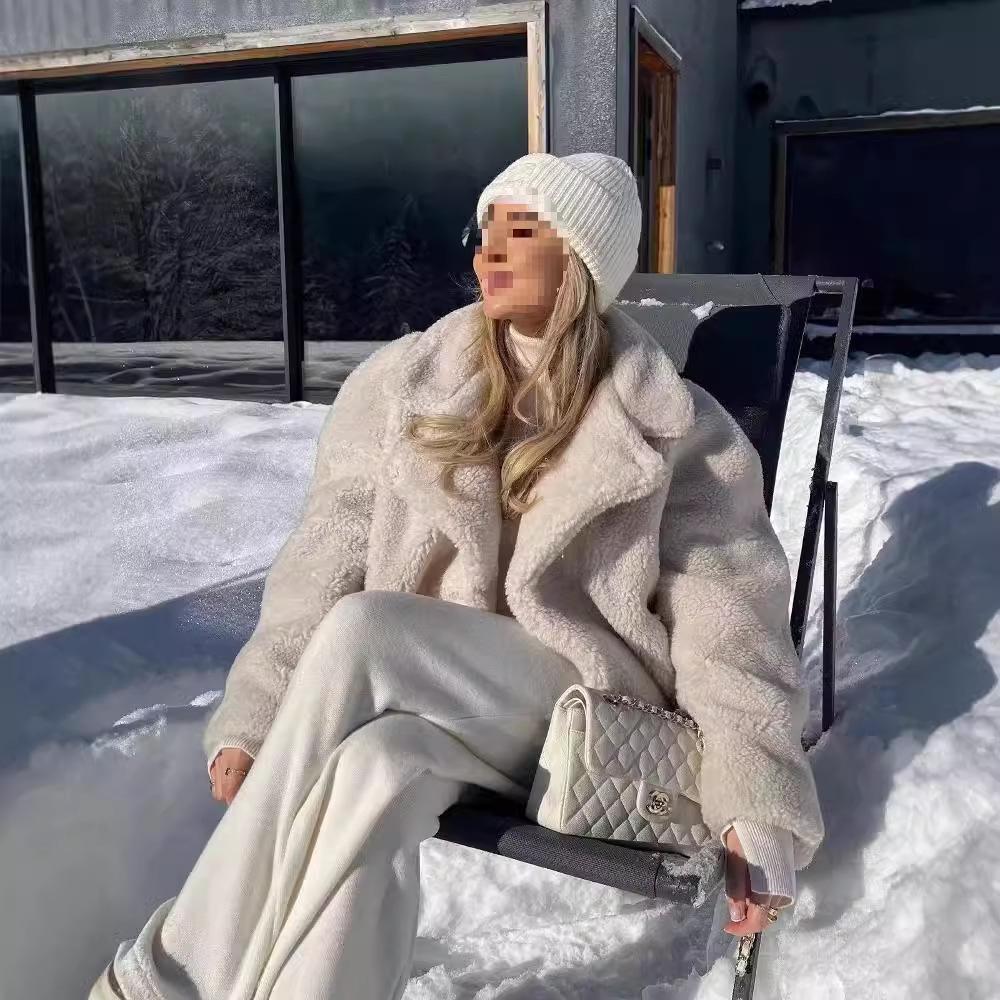 European & American Women's Street Fashion Turn-Down Collar Fuzzy Coat