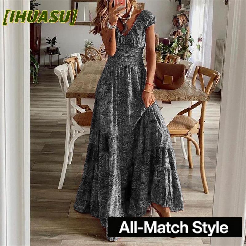 IHUASU Women's Fashion Summer Spring V-Neck Short Sleeve Casual Dresses