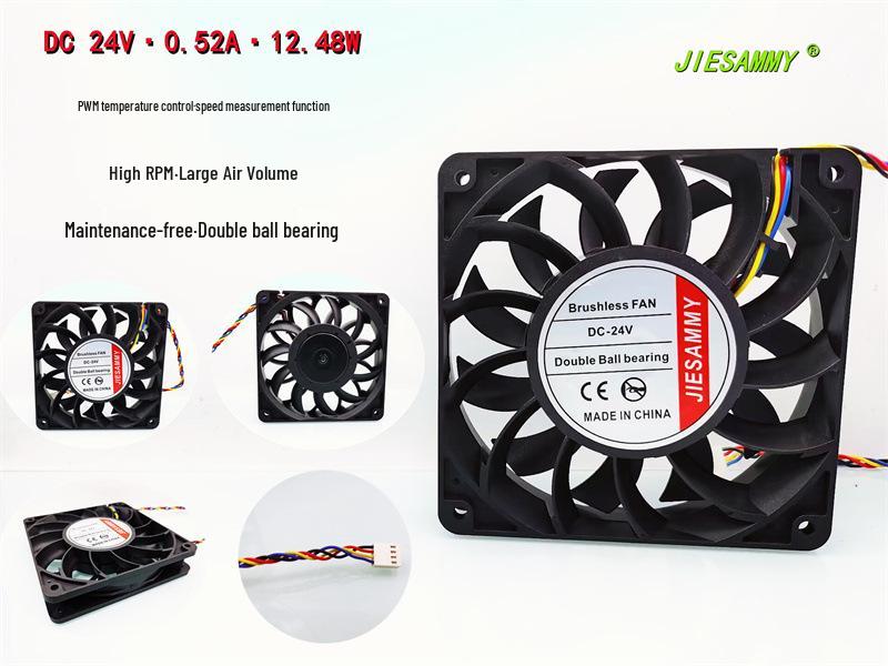 

JIESAMMY 12CM Double Ball Bearing PWM Cooling Fan - 24V, 0.5A, High Airflow, Temperature Controlled. 2.54 Two-wire