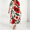 Women Plus Size Two Piece Dress Set V Neck Floral Printed Red Poppy White Midi Dress