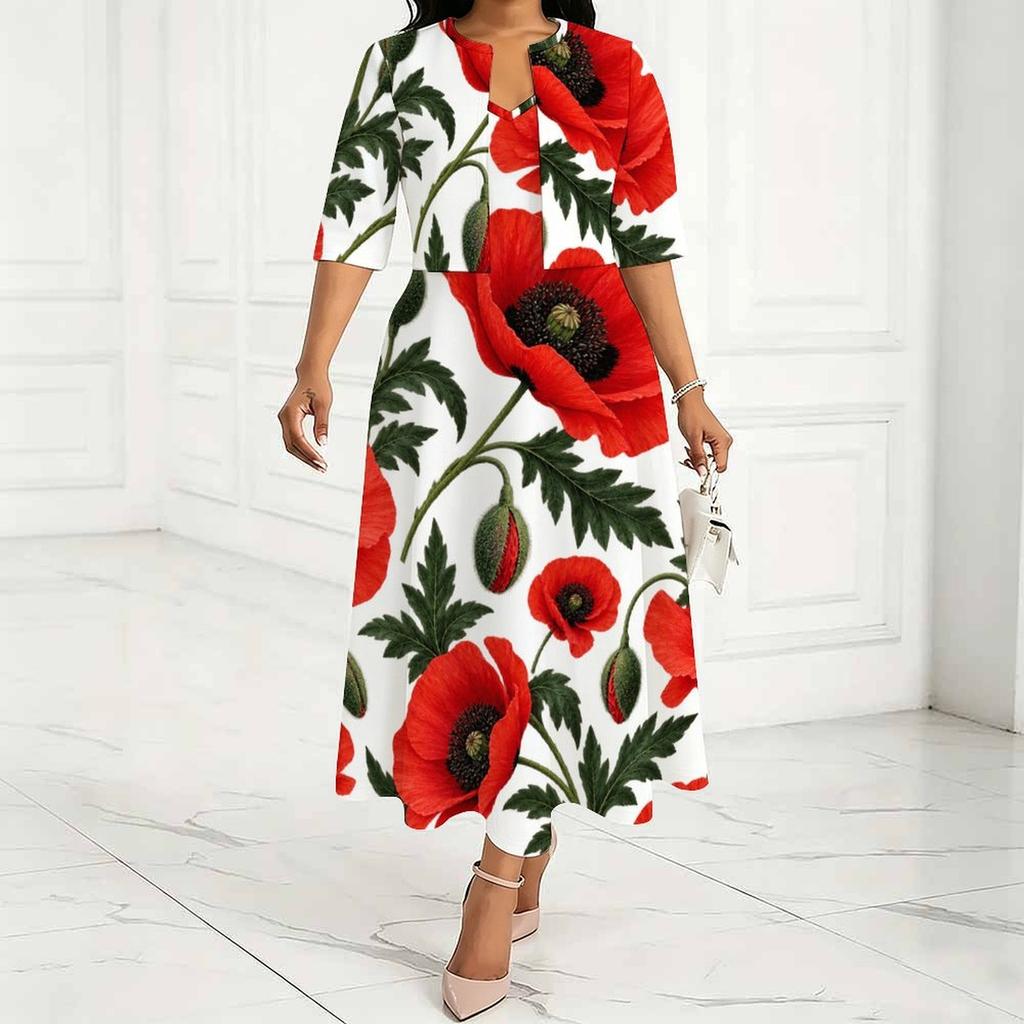 Women Plus Size Two Piece Dress Set V Neck Floral Printed Red Poppy White Midi Dress