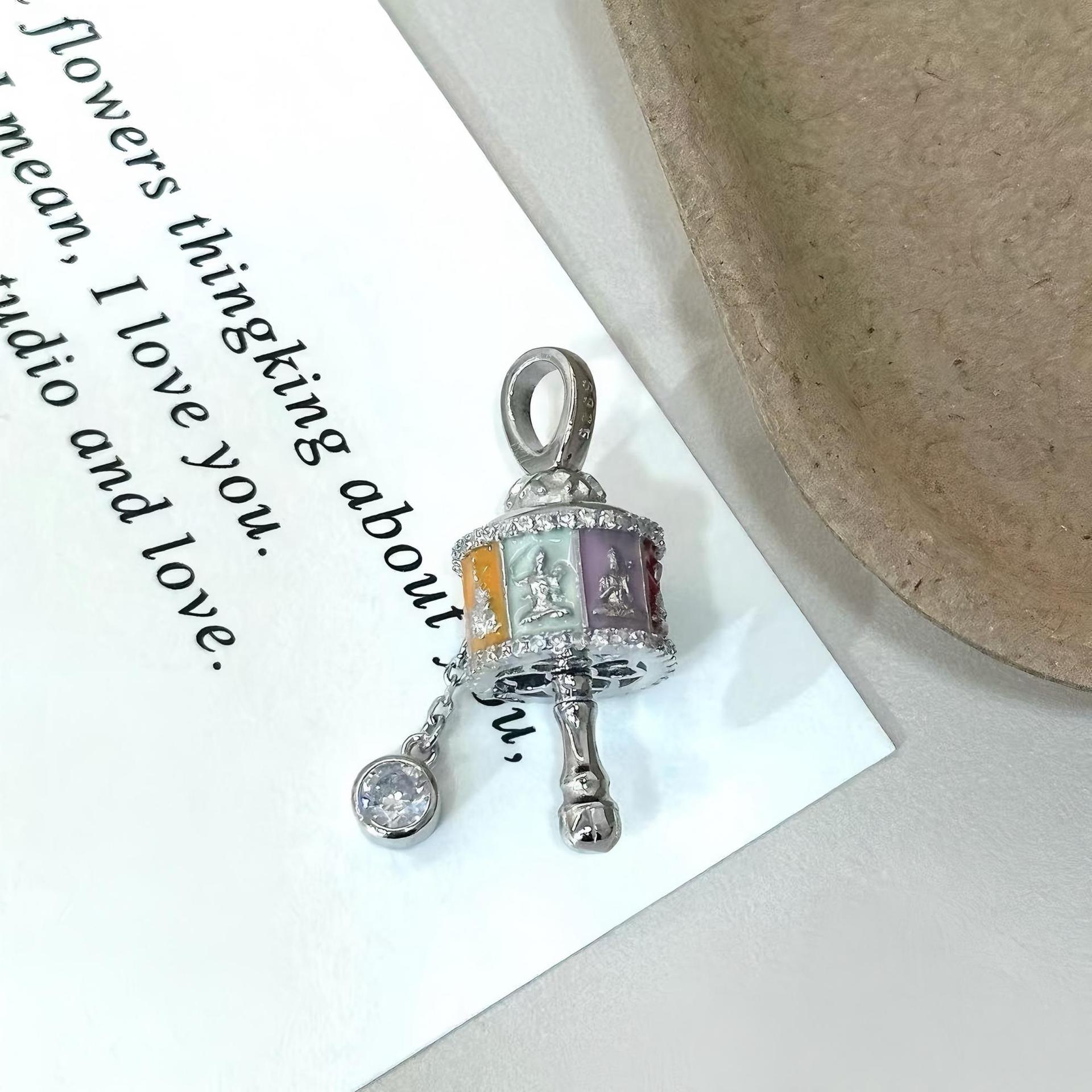 

S925 Sterling Silver Prayer Wheel Necklace with Eight Guardian Deities and Color Enamel – Versatile Fashion Pendant