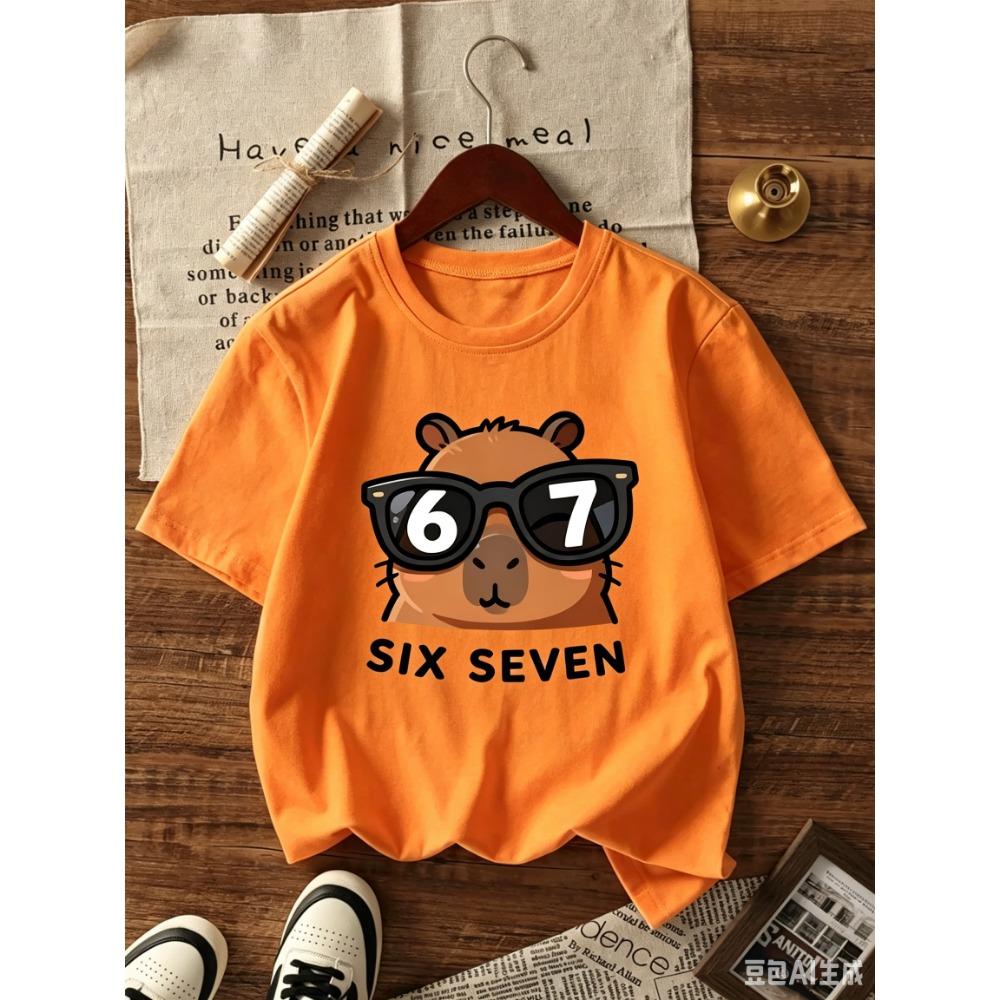 T-shirt Graphique Capybara Dessin Animé pour Enfants Impression Chiffre 6 7 Style Cool T-shirt d'Été Streetwear pour Filles Garçons