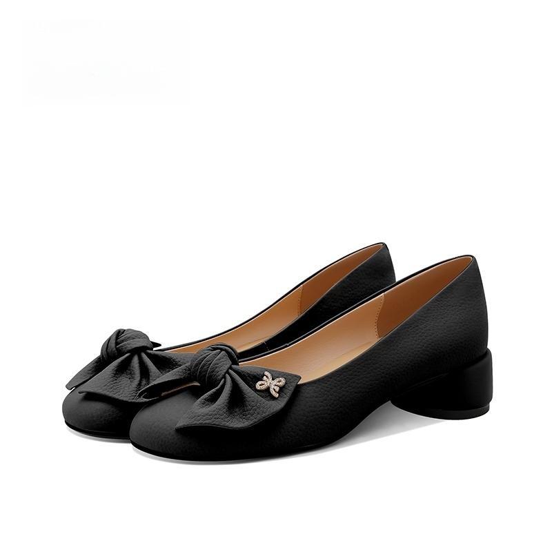 

Autumn women s shoes 2025 new bow leather shoes women s shallow middle heel shoes round head thick heel gray 40