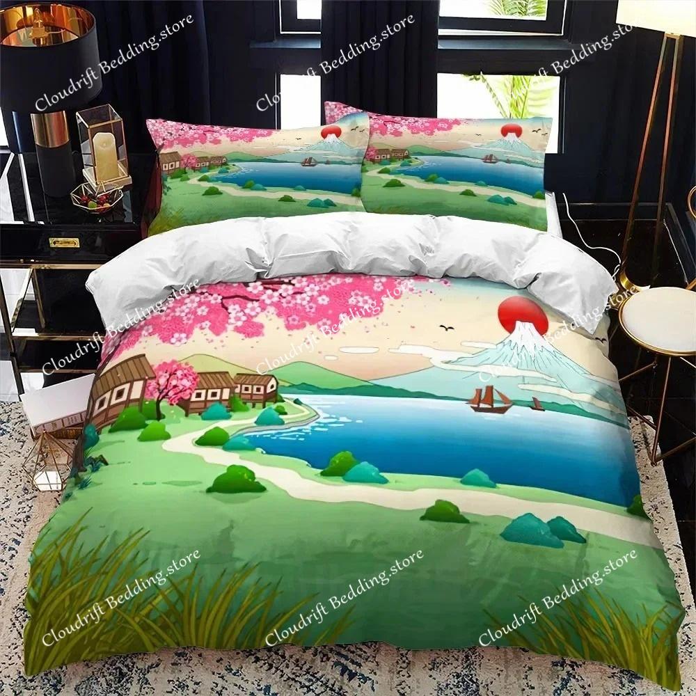 Bettbezug-Set im japanischen Stil, King-Size-Bett, Queen-Size-Bett, Ukiyo-e-Motiv, Wellenmuster, Polyester-Bettwäsche-Set, Fuji-Berg, exotischer Stil