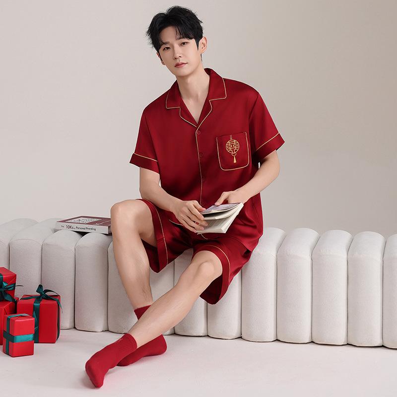 Spring and summer pajamas wedding couple suit ice silk short-sleeved shorts red natal year festive loungewear women
