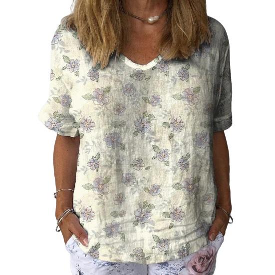 Women T-shirt V-neck Short Sleeve Flower Printed Tee Shirt Loose Fit Dropped Shoulder Sleeve