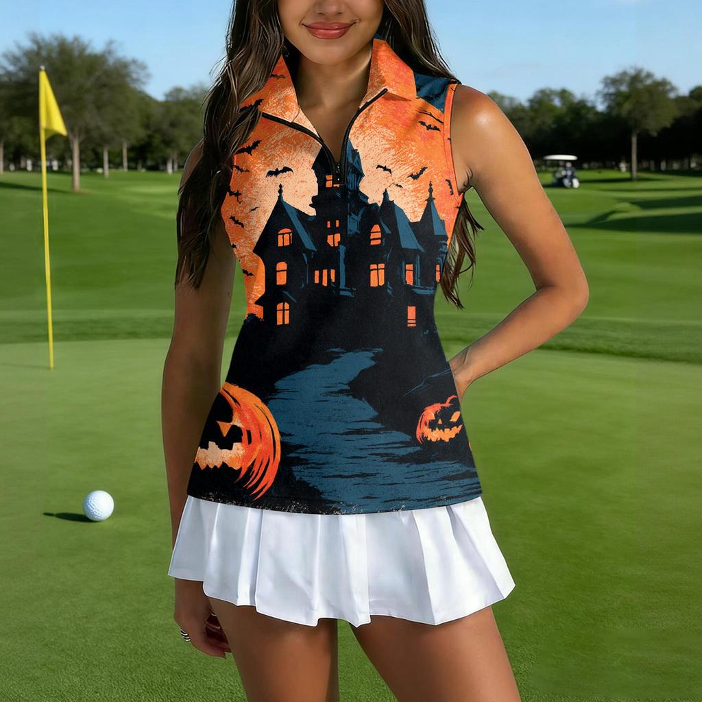 Women's Golf Sleeveless Shirt with Zipper Front and Collar, Halloween Print Athletic Vest Top for Sports