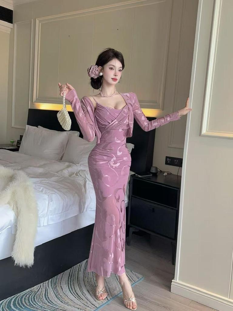 Elegantes Nachtclub-Temperament Cardigan & Sexy Träger-Abendkleid Set