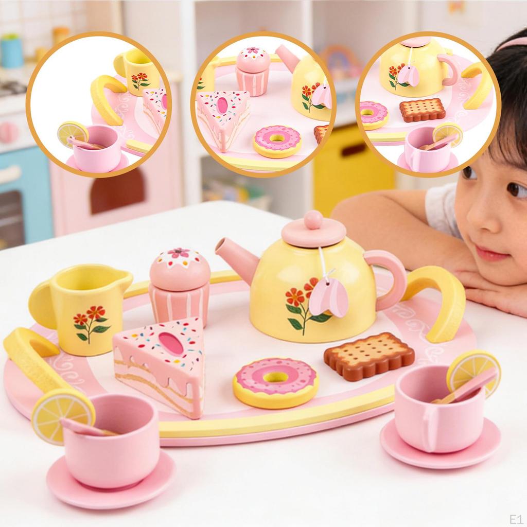 Wooden Tea Party Set Pretend Play Playset Realistic Cake Dessert Model Afternoon for