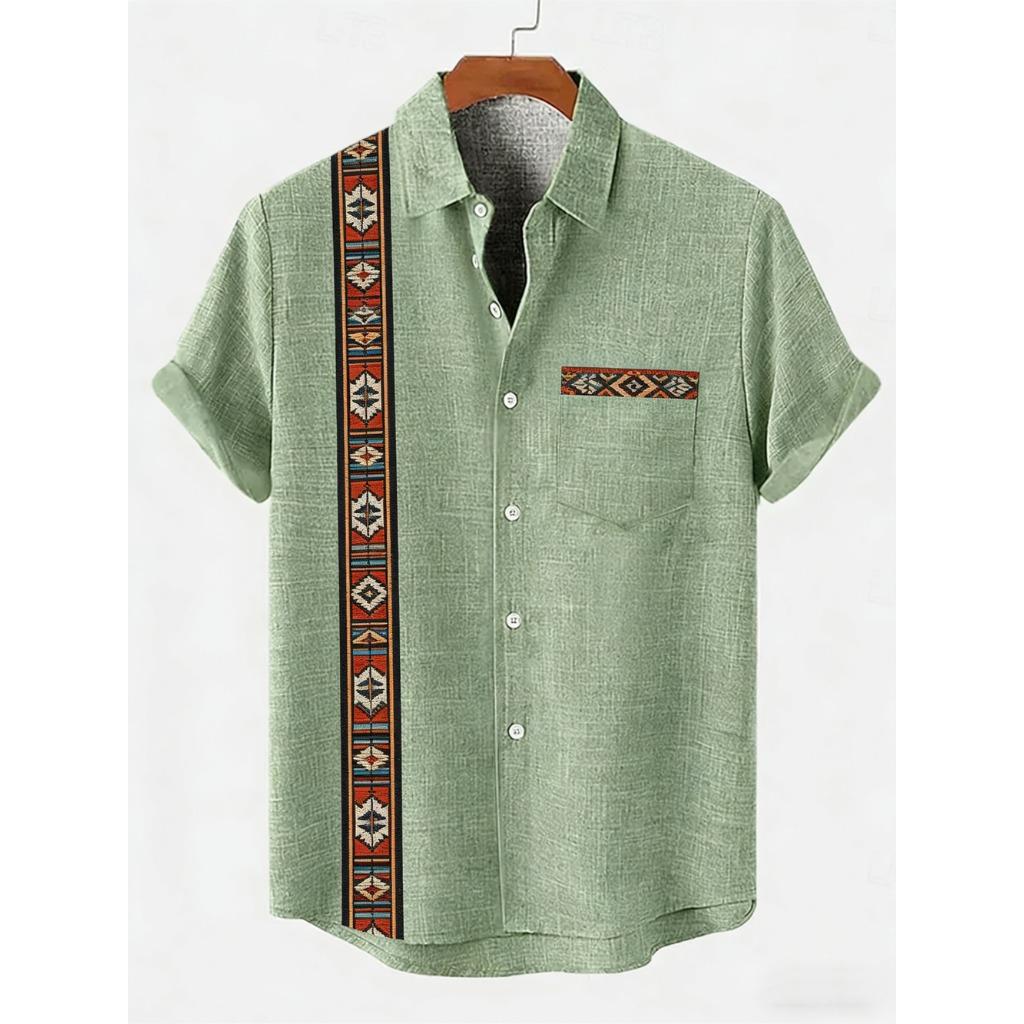 2026 Daily Men's Casual Short Sleeved Shirt with Natural Ethnic Pattern Printed Shirt Hawaii Beach Vacation Clothing