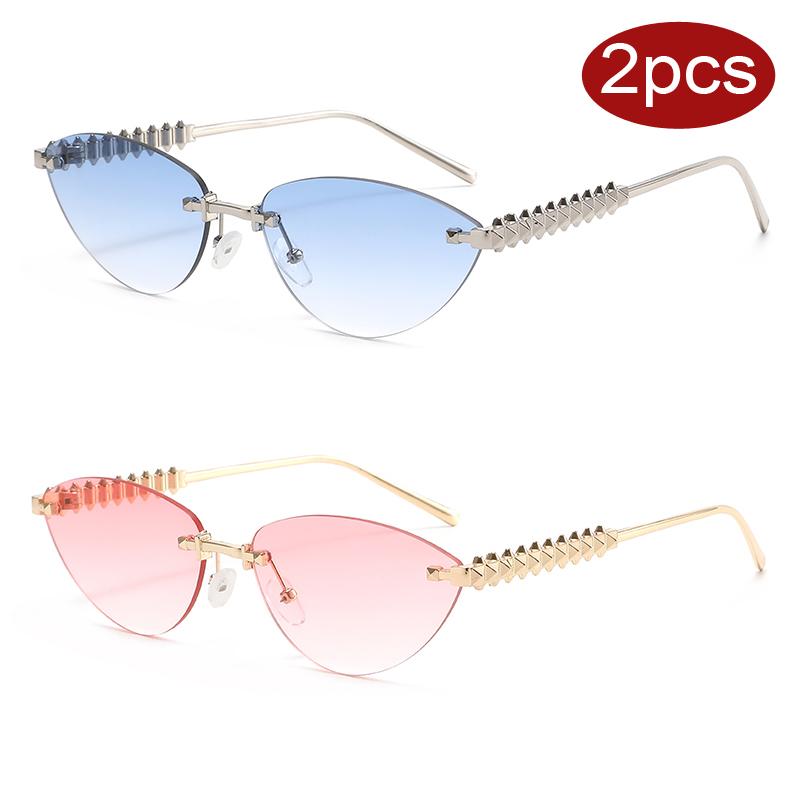 

Car Sunglasses 2pcs Fashion High Quality Cat Eye Female Sun Glasses New Rimless Colorful Lens Shades Metal Threaded Legs Eyewear