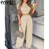 Women's Fashion Casual Summer Spring Solid Color Print Short Sleeve O-Neck Trousers Pants Suits