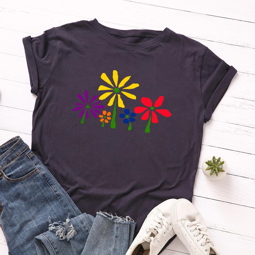Women's Creative Pure Cotton Colorful Flower Loose Round Neck Short Sleeved T-shirt