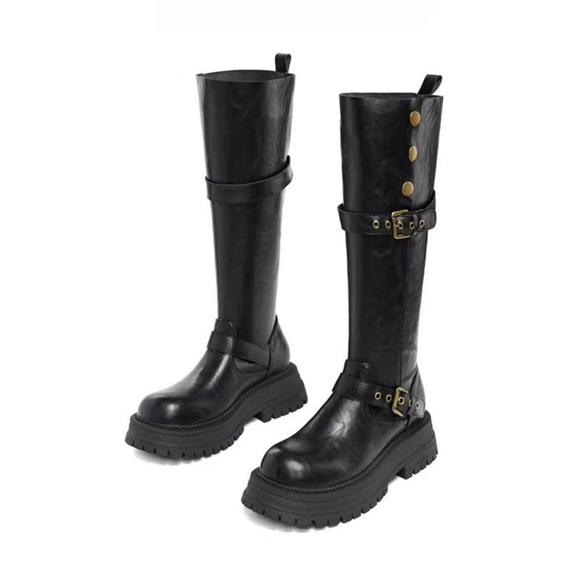 Version~ Leather Thick-Soled Maillard Boots Women'S Spring And Autumn Retro Velvet Versatile Tall Knight Boots