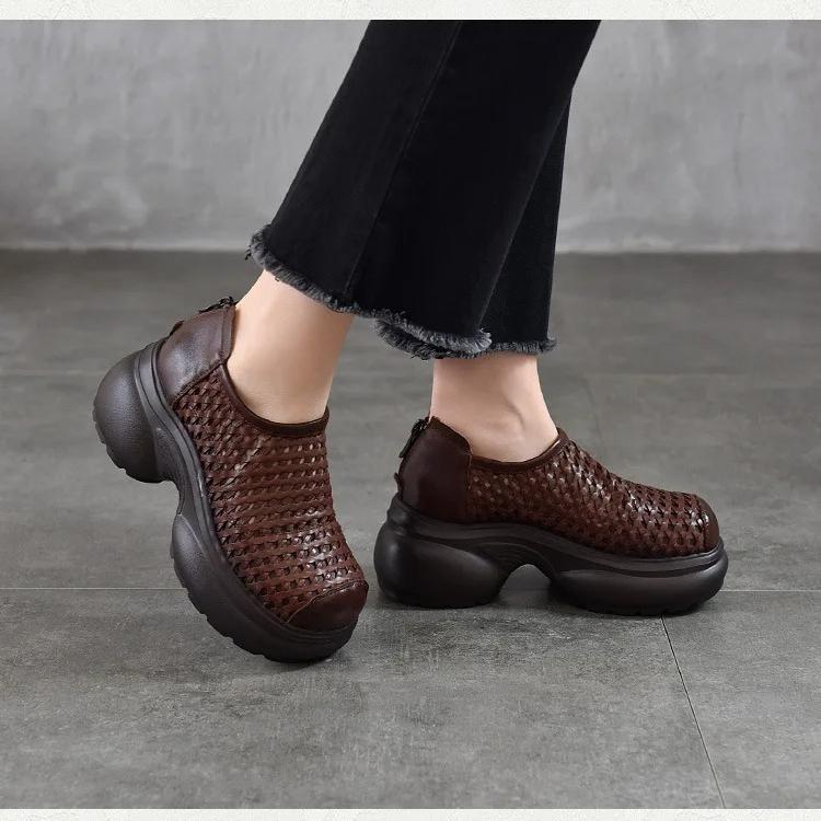 Johnature Thick Soled Height Increasing Genuine Leather Woven Sandals Hollow Breathable Women's Platform Shoes