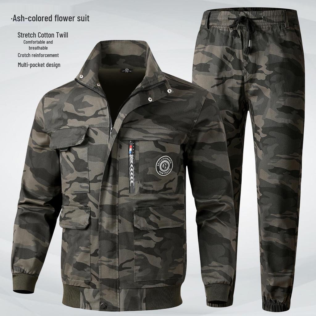 Men's Camouflage Workwear Set: Elastic, Thickened, Anti-Scald, Wear-Resistant Suit for Soldiers, Auto Repair, Electric Welders, and Labor Protection.