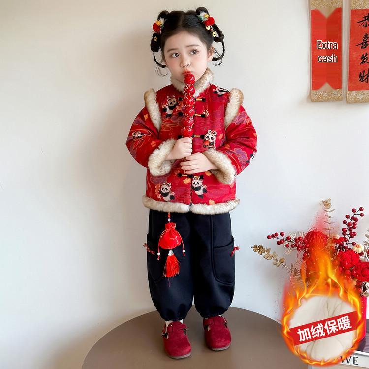 Girls  Chinese New Year 2025 Winter Hanfu Outfit - Thickened National Style Clothes for Baby and Kids 130 cm
