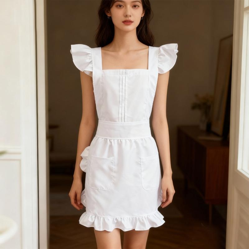 Maid Style Apron with Delicate Ruffle Edging Breathable Polyester Maid Costume Apron for Role Play and Daily Chores