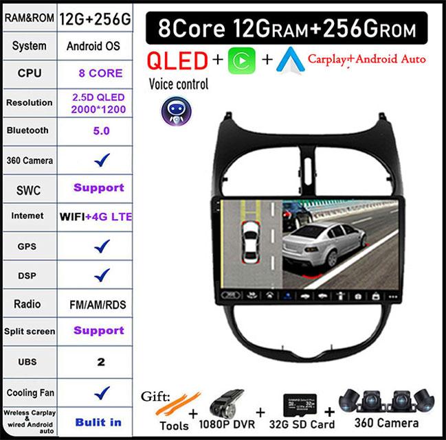 9'' For Peugeot 206 2001 - 2016 Screen/QLED Android 14 Car Radio Multimedia Video Player Navigation GPS 4GLTE 5G WIFI