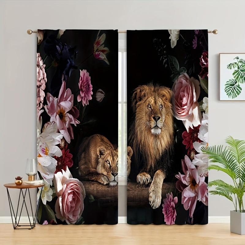 2pcs Elegant Lions And Romantic Rose Print Curtains For Home Decor For Bedrooms Office Kitchen Living Room Study Decor Rod Pocke