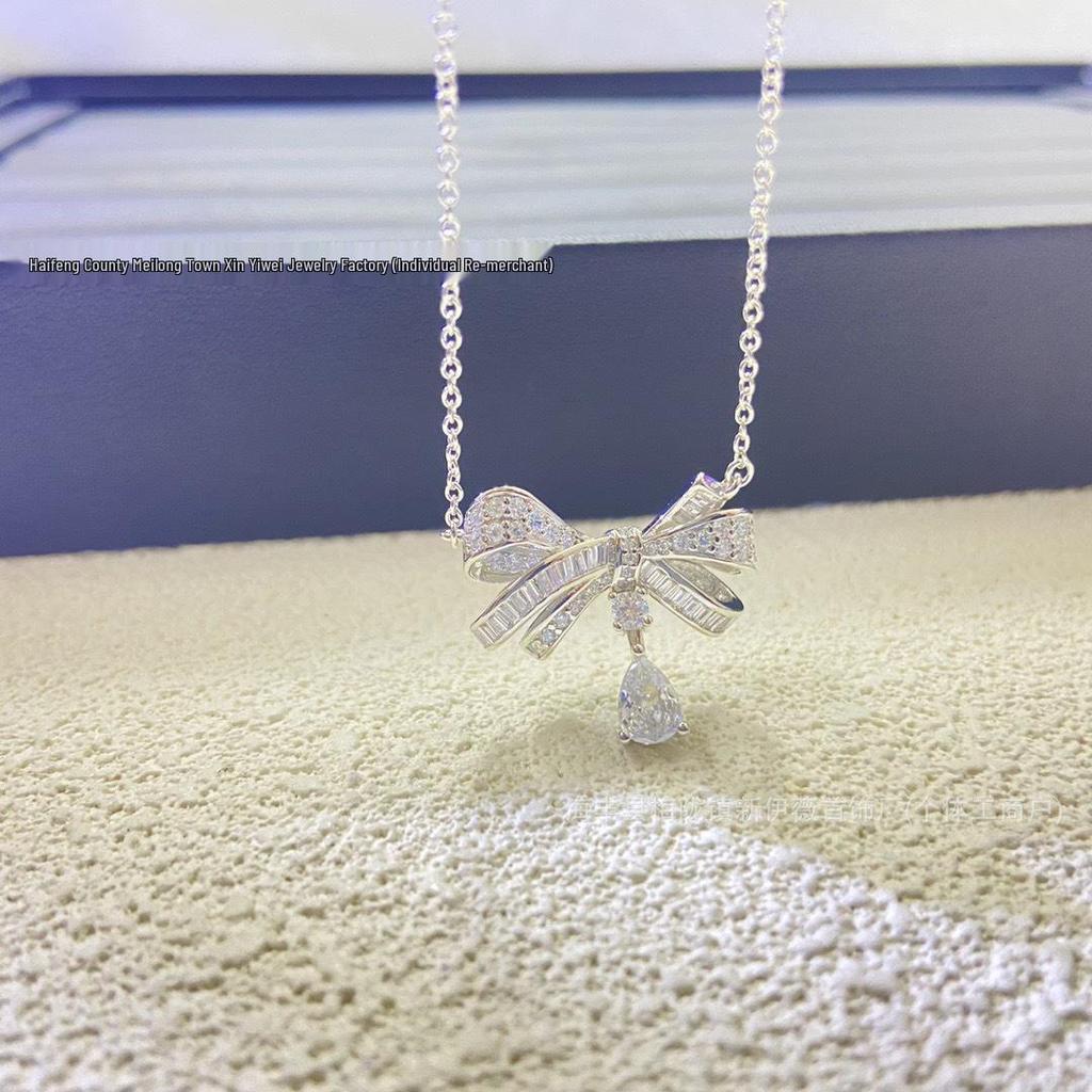 Elegant Gejia Bow Necklace for Women with Full Diamond Tassel Pendant - Versatile Luxury Clavicle Chain
