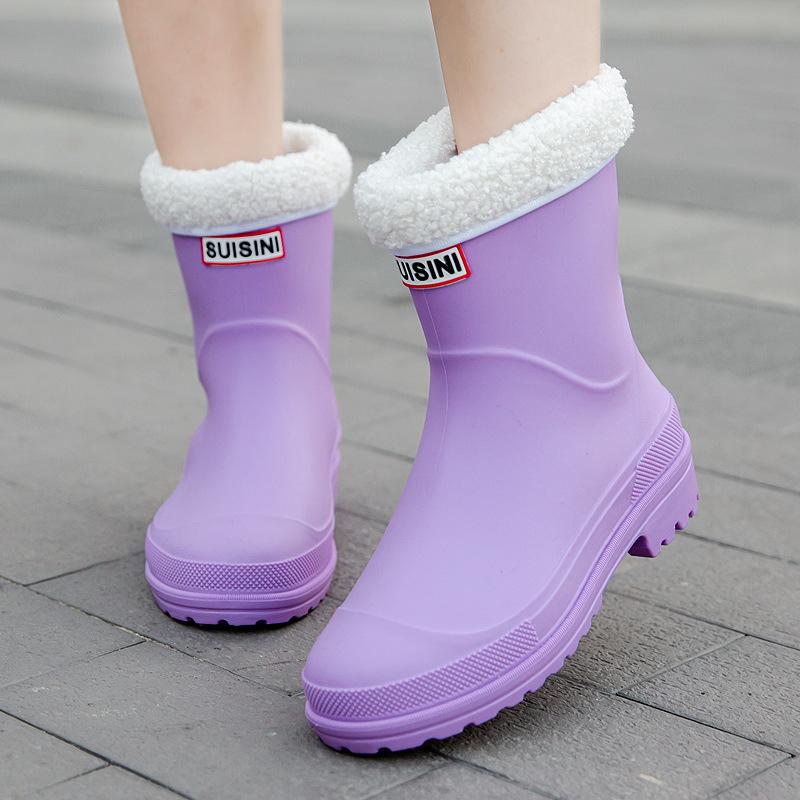 Fashion medium tube rain shoes women's water shoes winter wear rain boots adult velvet soft sole waterproof non-slip women's rubber shoes