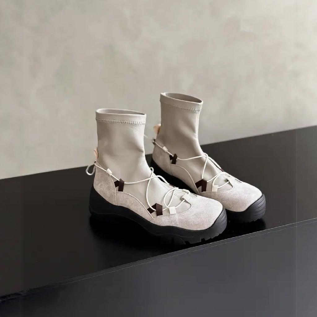 Functional Boots | Retro Thick-soled Cross-Strap Versatile Casual Ballet Sports British Elastic Skinny Boots Women