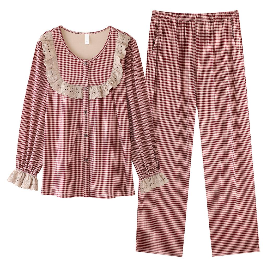 Sweet Princess Style Soft Cotton Pajamas Women's Spring and Autumn New Pullover Plaid Mother Long Sleeve Loose Loungewear
