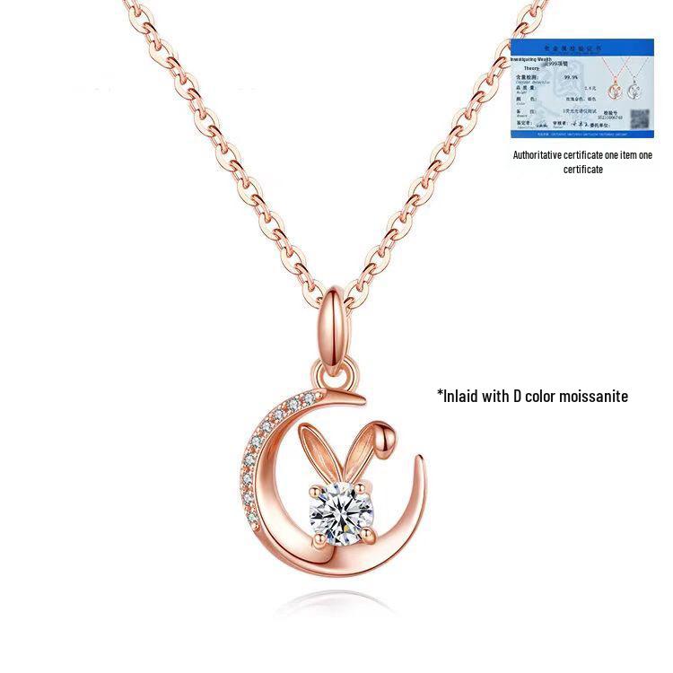 S925 Sterling Silver Moissanite Moonlight Jade Rabbit Necklace - Sweet Clavicle Chain Qixi Gift for Women