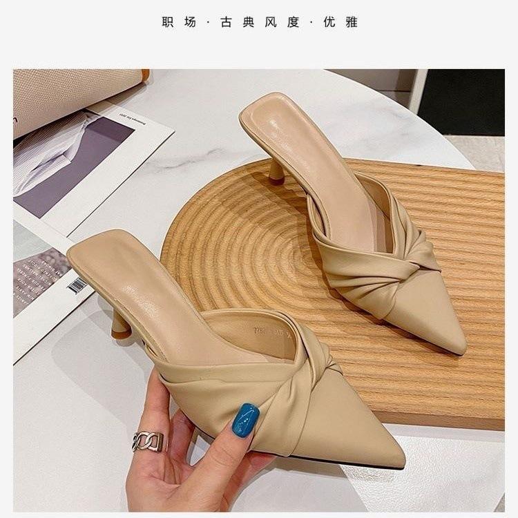 

Soft leather summer pointed stiletto high heels women s slippers 2025 new fashion versatile and comfortable outer wear bag head drag 40