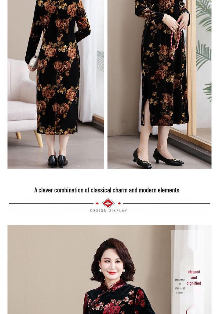 Elegant Golden Velvet Qipao Dress for Middle-Aged and Elderly Women - Waist-Cinching, Mid-Length, Perfect for Spring and Autumn