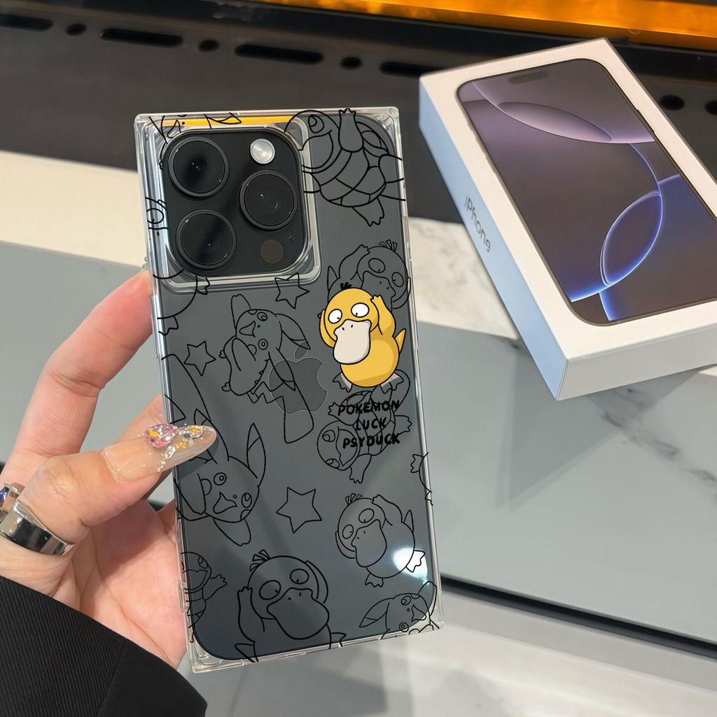 Transparent Square Back Tube Case Casing Protection For iPhone 14 Pro Max 13 11 12 16 ProMax 15 Plus Anti-Oxygen,Luck Psyduck Pattern
