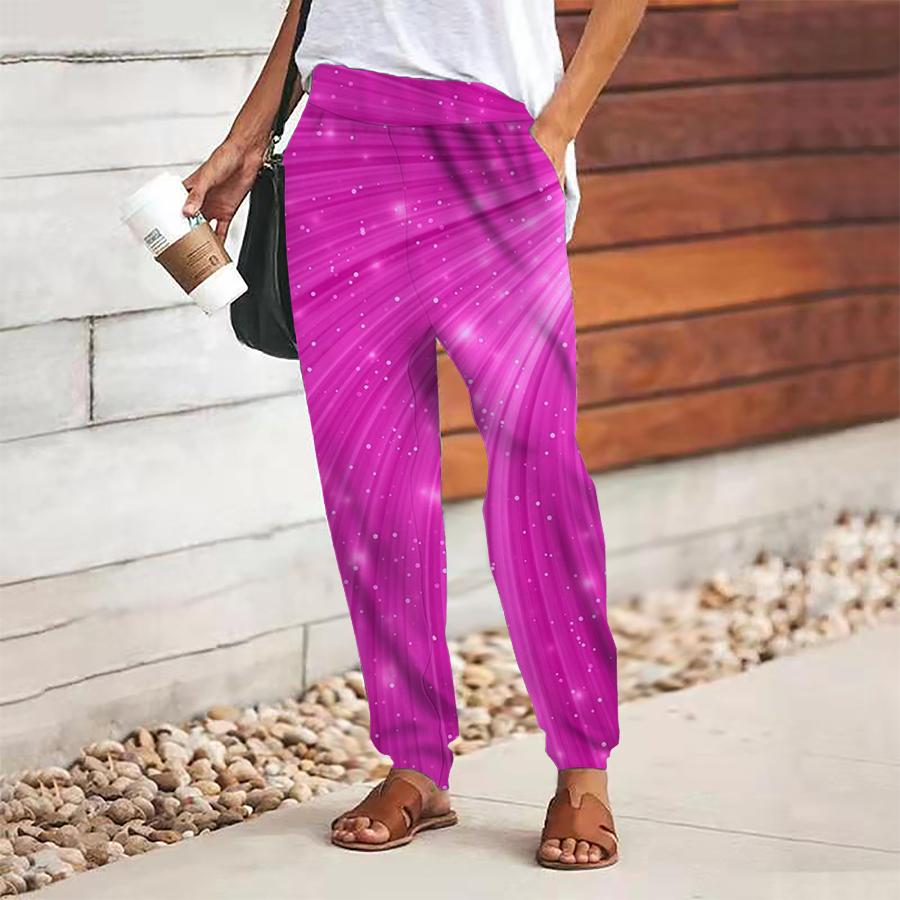 Women Abstract Printing Pants Lace Up Elastic Waist Loose  Trousers Casual Long Pants Trousers with Pockets