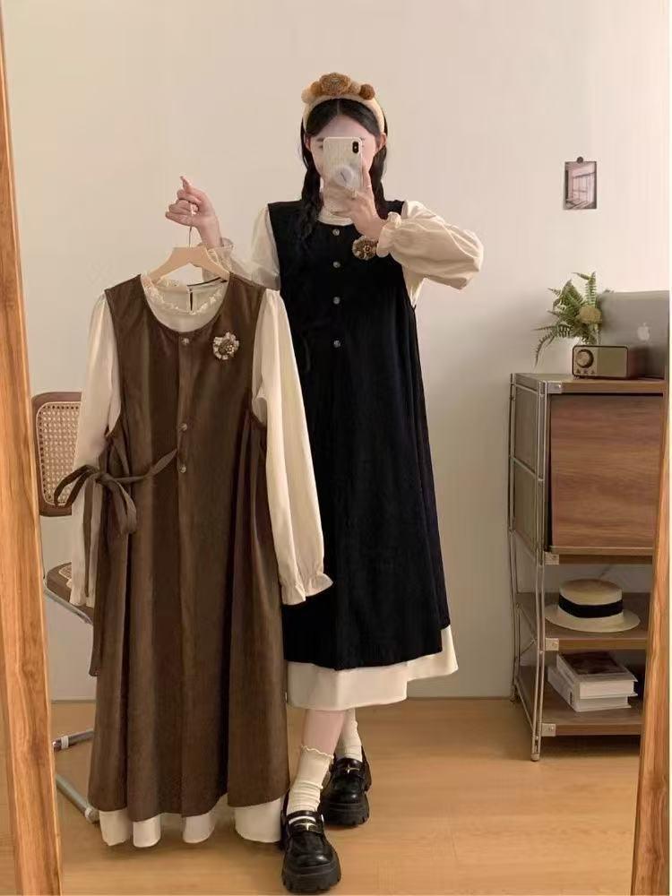 

Платье ретро в стиле Хепберн большого размера: Двухкомпонентный костюм для женщин, скрывающий живот, Весна и Осень M