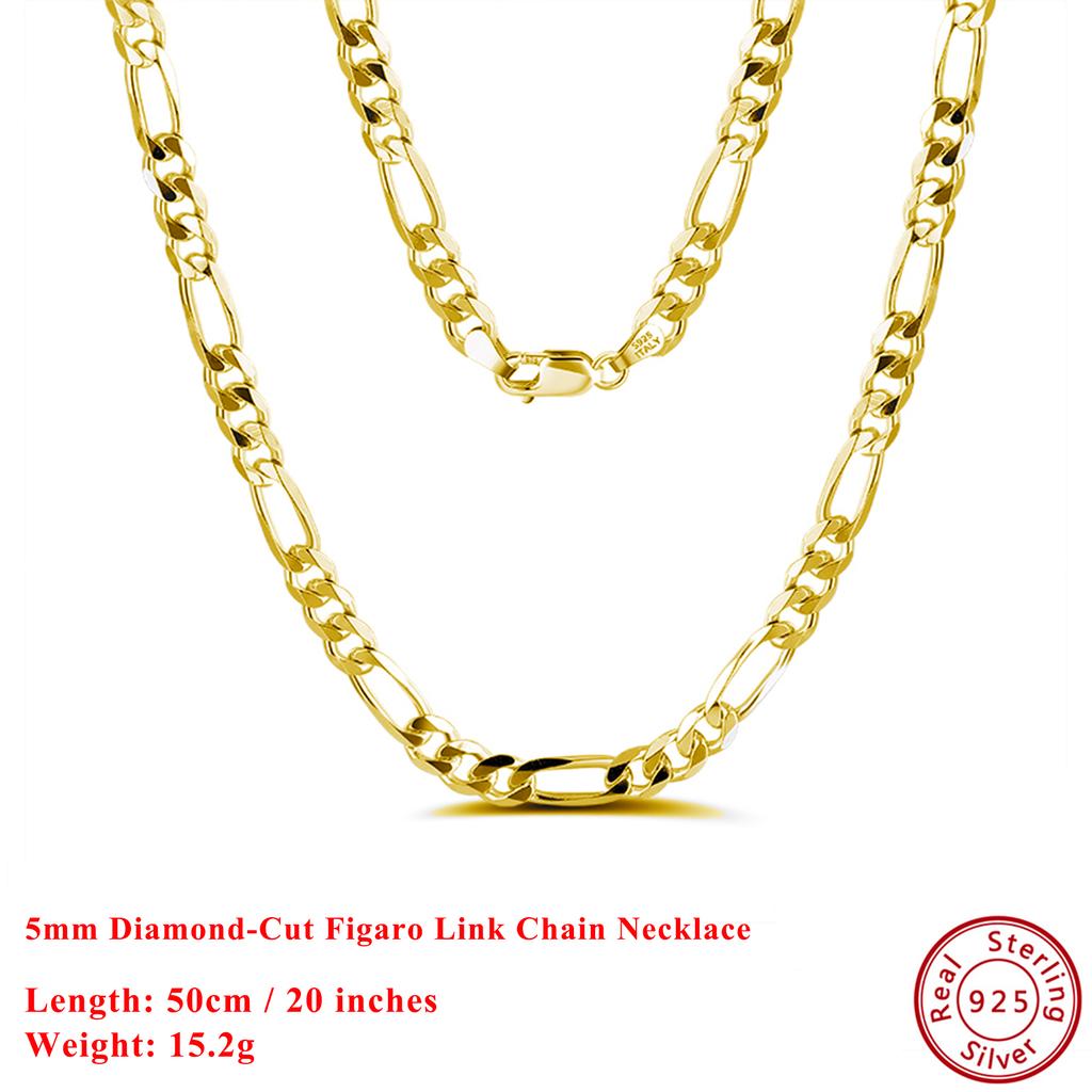 Effie Queen Italy Real 925 Silver Diamond-Cut Figaro Chain Necklace 5mm Wide 40-60cm Long Woman Man Neck Chain Jewelry Gift SC34