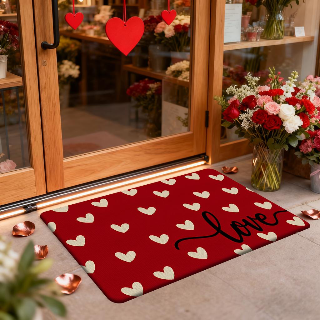 Valentine's Day doormat, red background with beige love pattern.