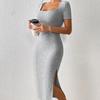 LYRIA Women  Knitted Dress Lady Casual Short Sleeve Square Collar Side Slit Dress Vestidos