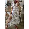 Women's V Neck Floral Print Short Sleeve Tassel Tie Loose Fit Maxi A-Line Dress
