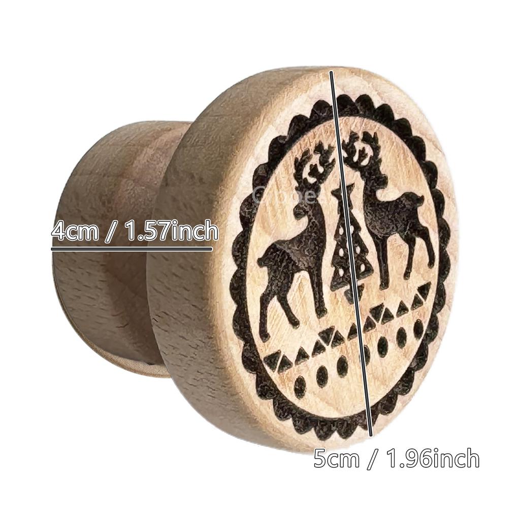 Wooden Cookie Stamp Cookie Mold for Christmas, with Reindeer Snowman Pattern, Round Embosser Baking Tools for Biscuit Cutter