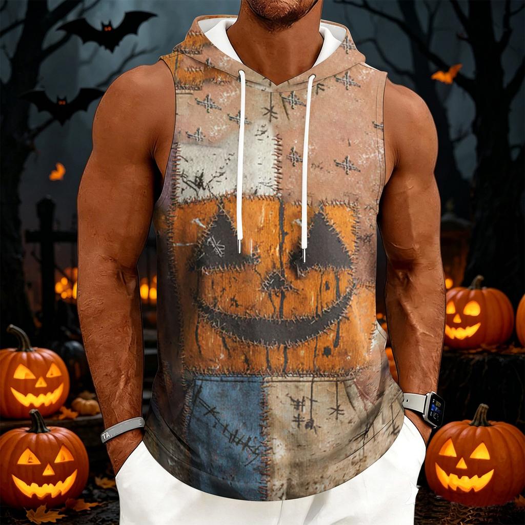 Men's Casual Sleeveless Hoodie with Drawstring Hood Halloween Themed Graphic Print Lightweight Pullover Vest for Everyday Wear