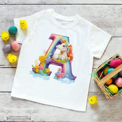 Einhorn Regenbogen Anfangsbuchstabe A-Z Bedrucktes Kinder T-Shirt Kind Sommer T-Shirt Jungen Mädchen Kurzarm Oberteile Kleidung Niedliches Kleinkind Outfit T-Shirt