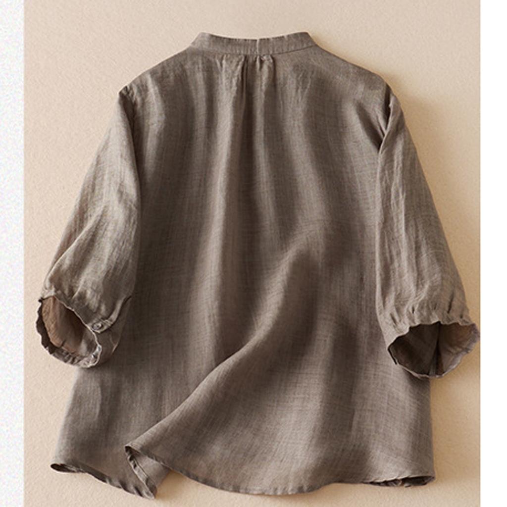 Women's Solid Color Cotton Linen Five Quarter Sleeved Retro Breathable T-Shirt Stand Up Collar Top