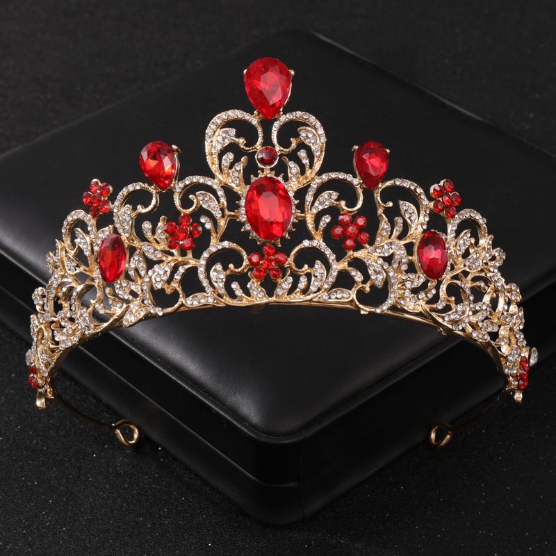 Baroque Red Crystal Tiaras and Crowns Prom Rhinestone Bridal Diadem Crown Taira for Women Wedding Hair Accessories Jewelry Crown
