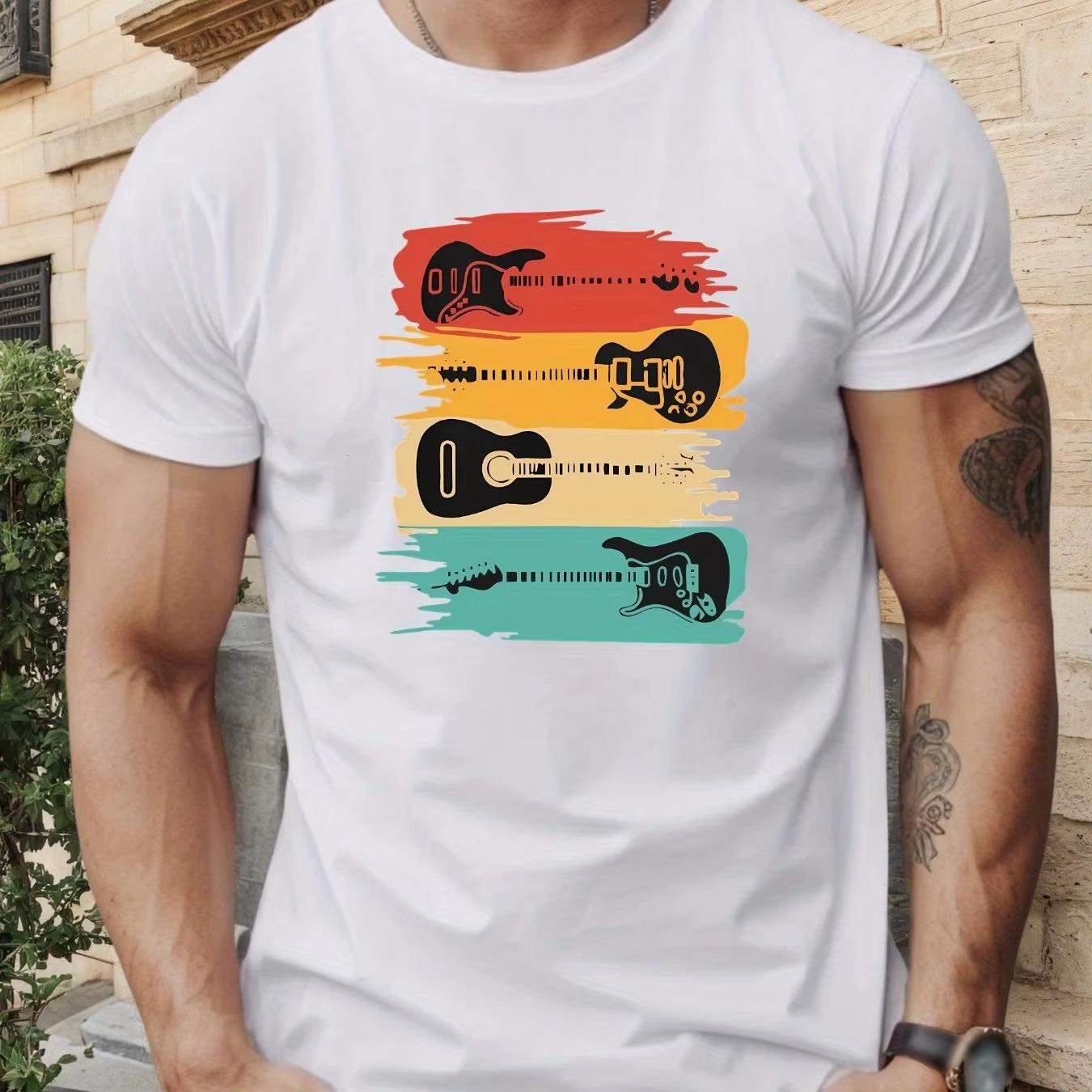 

MenS Casual Summer Cotton TShirt with Colorful Guitar Silhouette Design Crew Neck Regular Fit Men Clothing Comfortable S