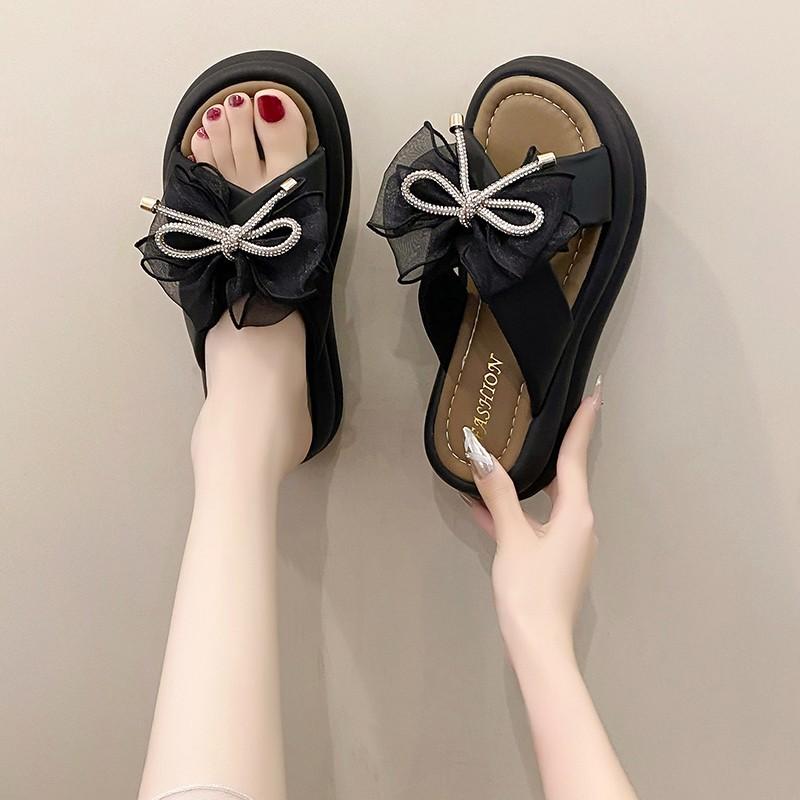Bow Bear Women's Shoes Muffin Thick-soled One-word Drag Tide Beach Cool Slippers