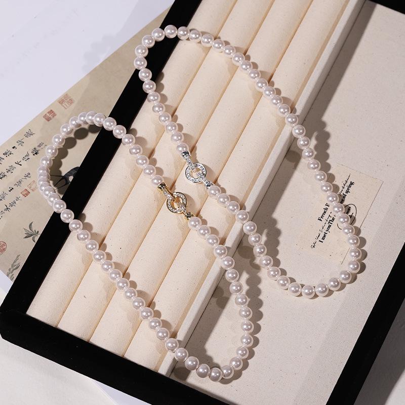 Natural Deep Sea Shell Pearl Necklace & Bracelet Set - Three-Piece Round Choker for Women