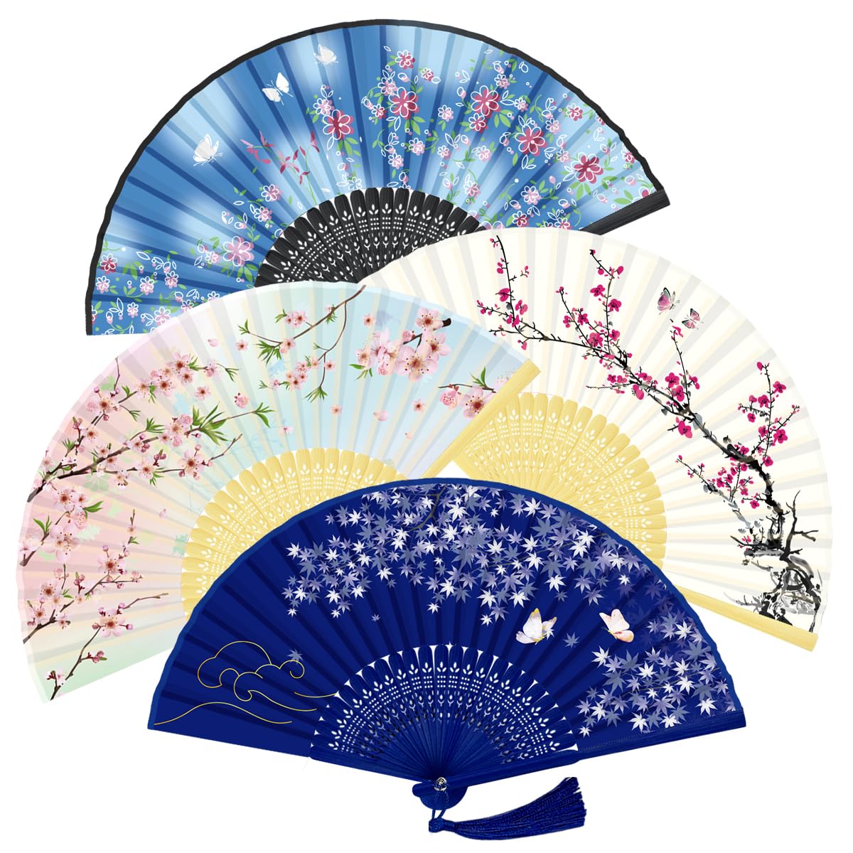 WEARXI Handheld Fan, 4 PCS Hand Fan, Chinese Folding Fan for Women Foldable, Silk Bamboo Hand Held Fan, Paper Hand Fan