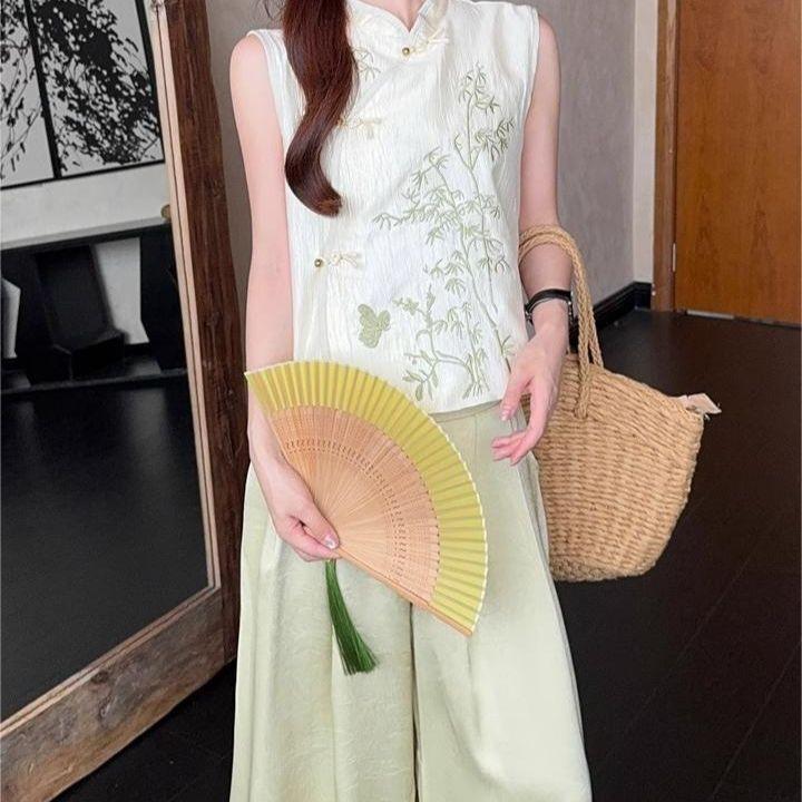 

Зеленый бамбуковый вышитый овертоп женский 2025 лето темперамент белый большой размер топ M [Recommended below 50kg]